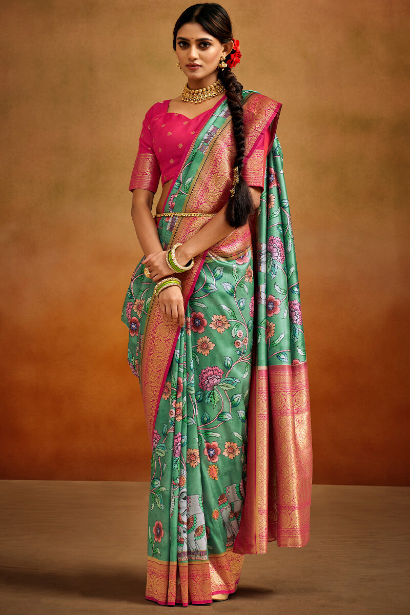 Jewel Green Kalamkari Printed Tussar Silk Saree