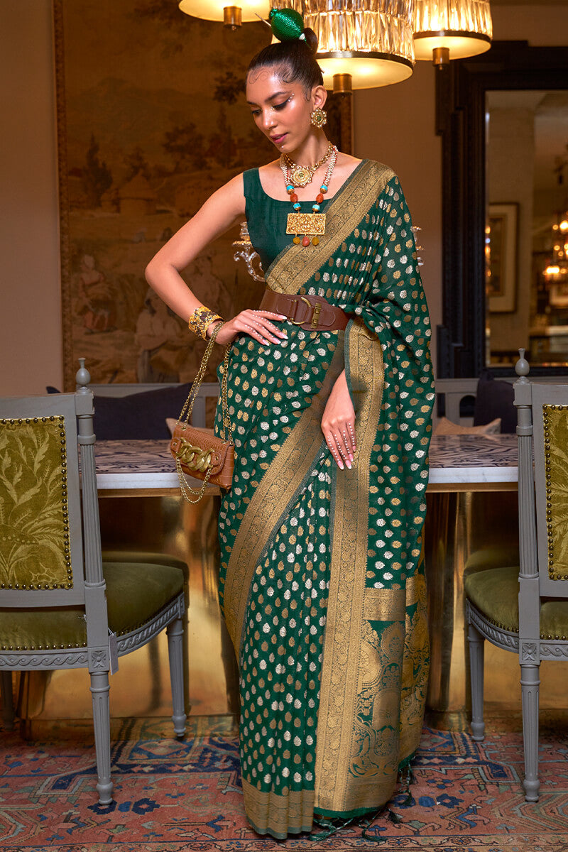 Jungle Green Copper Zari Woven Banarasi Silk Saree