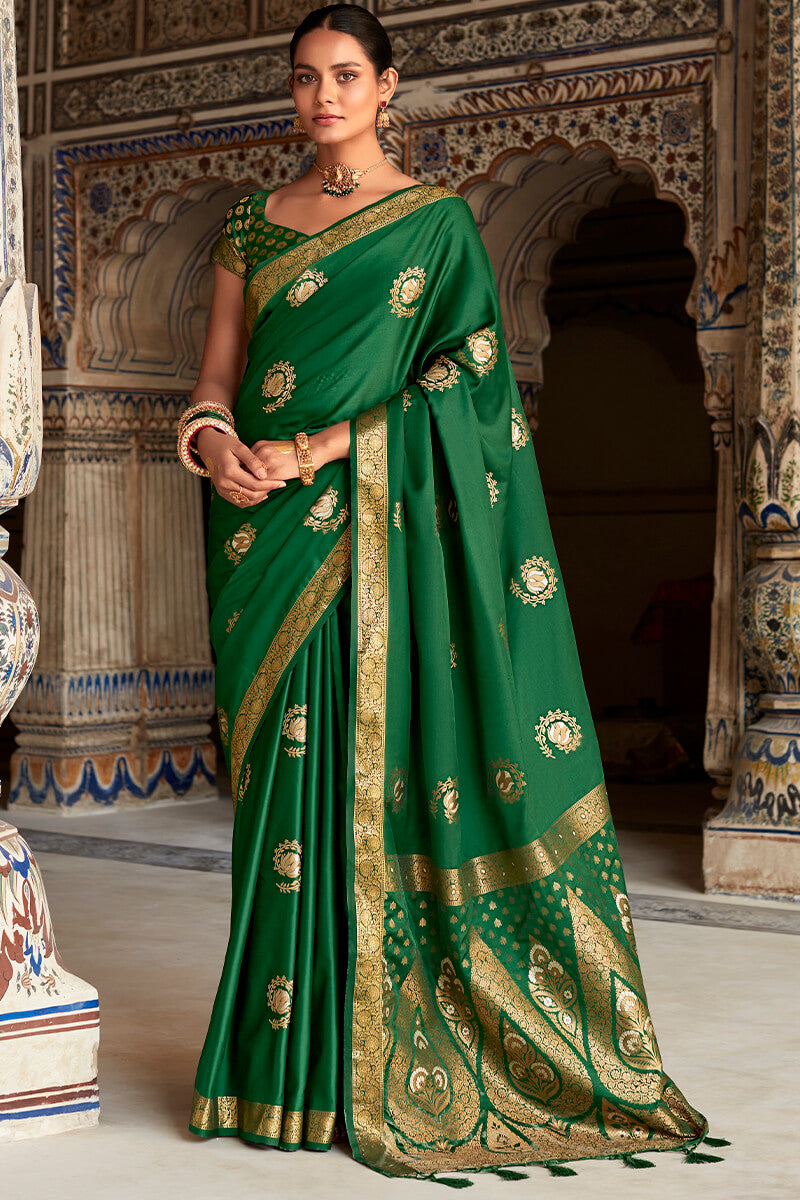 Kaitoke Green Zari Woven Pure Satin Silk Saree