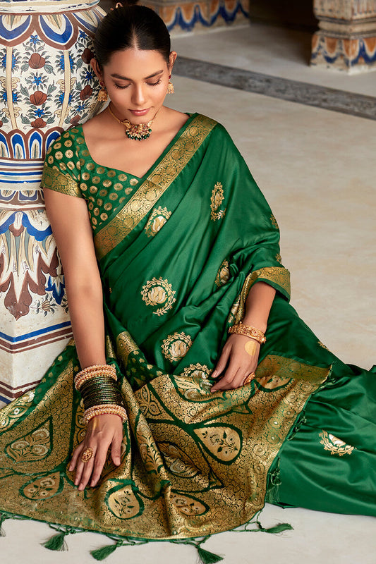 Kaitoke Green Zari Woven Pure Satin Silk Saree