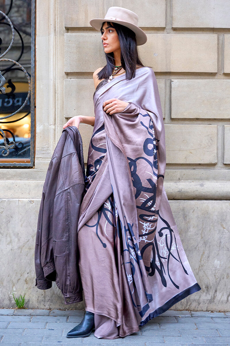 Languid Lavender Digital Printed Satin Silk Saree