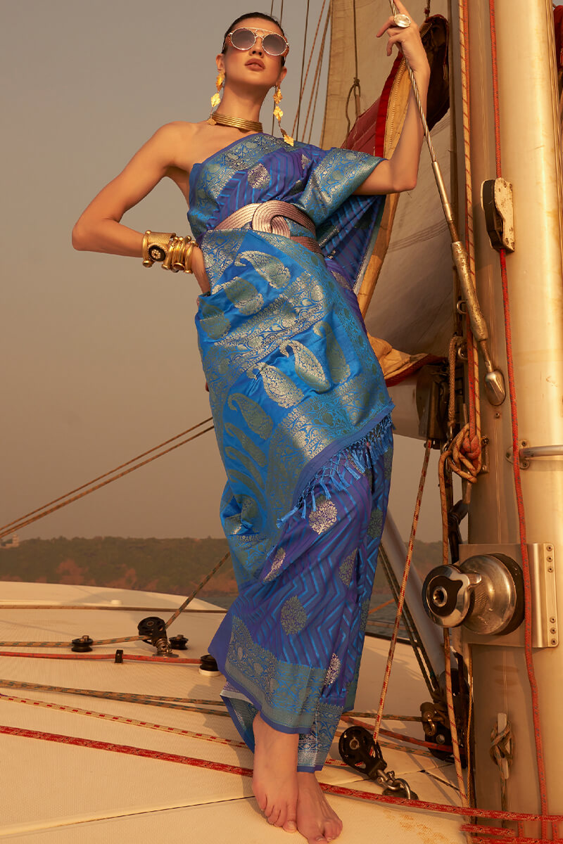 Lapis Blue Two Tone Banarasi Satin Silk Saree