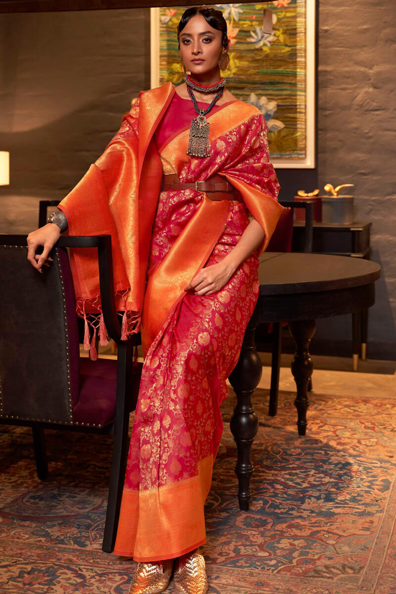 Lava Red and Orange Kanjivaram Silk Saree