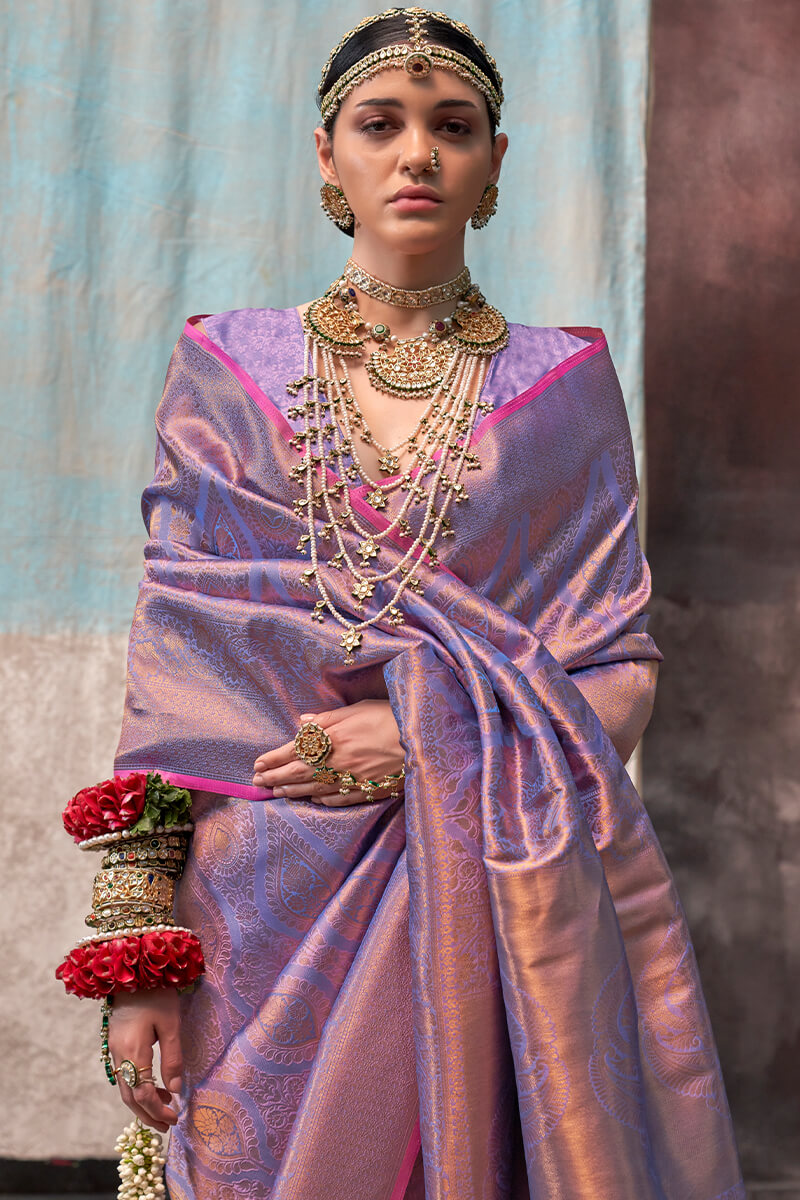 Lavender Purple Kanjivaram Handloom Silk Saree