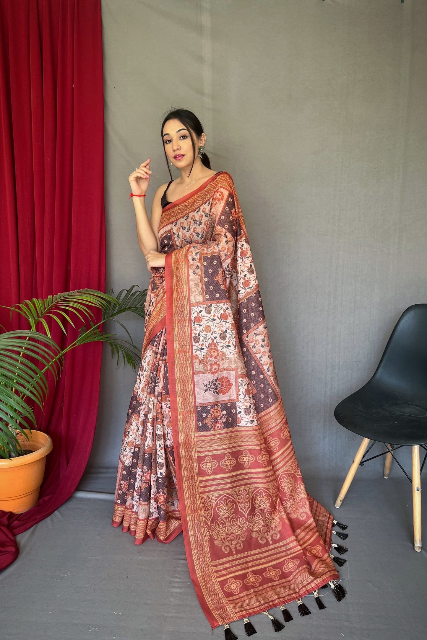 Light Brown Kashmiri Digital Printed Cotton Saree