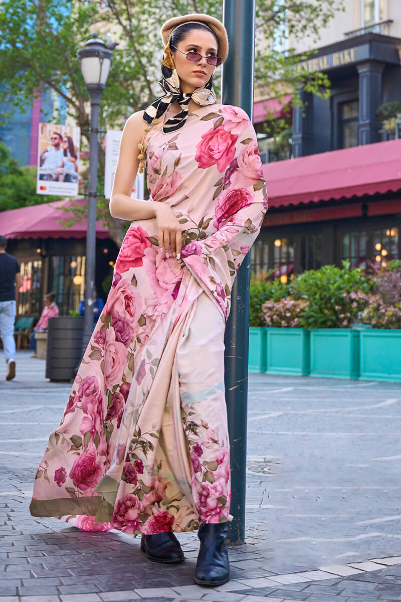 Light Beige Digital Printed Satin Silk Saree