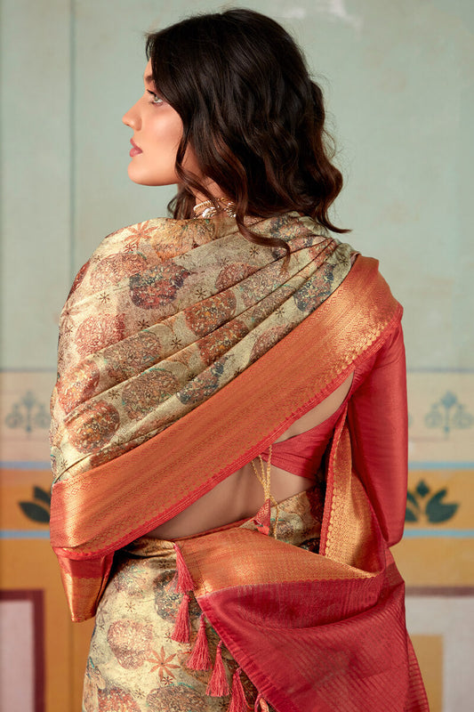 Light Beige Zari Woven Printed Tissue Silk Saree