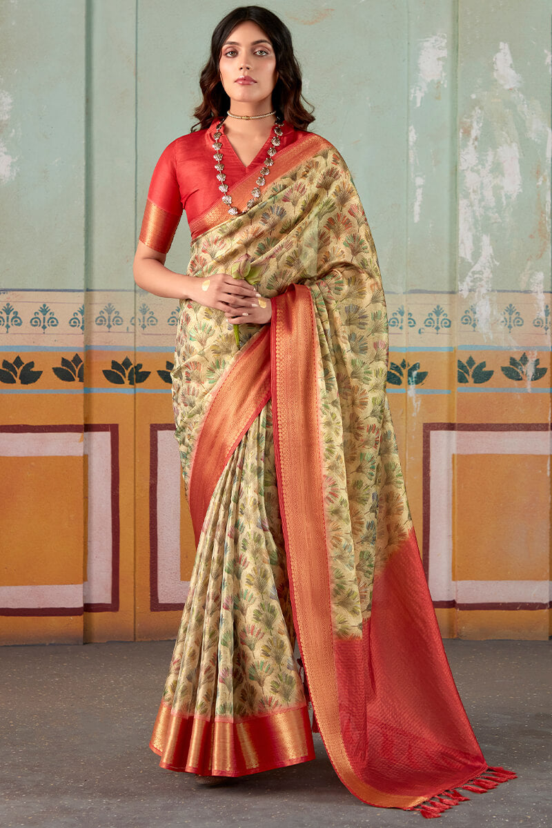 Light Goldenrod Yellow Zari Woven Printed Tissue Silk Saree