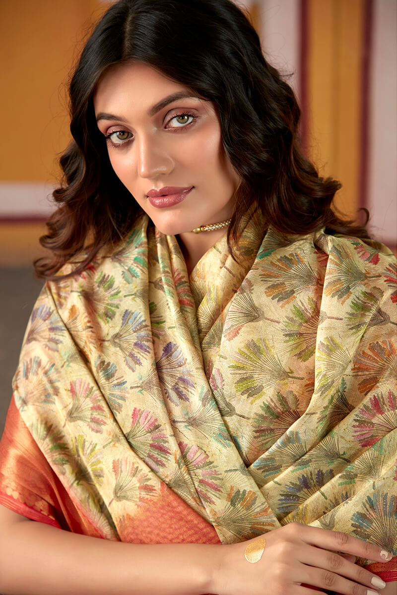 Light Goldenrod Yellow Zari Woven Printed Tissue Silk Saree