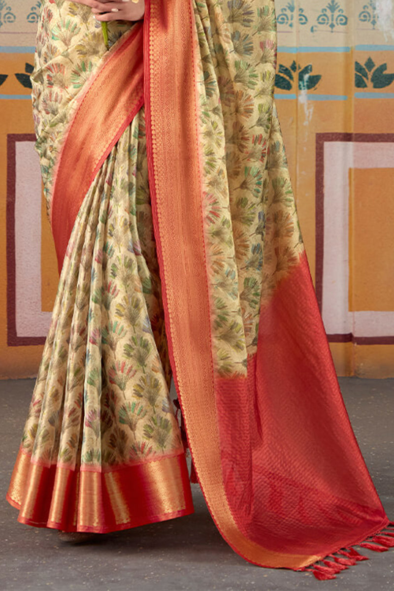 Light Goldenrod Yellow Zari Woven Printed Tissue Silk Saree