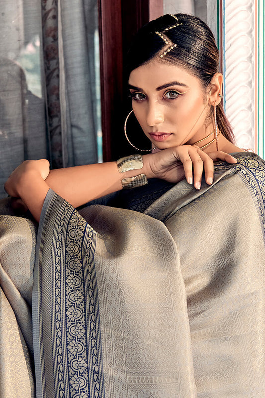 Light Grey Kanjivaram Silk Saree