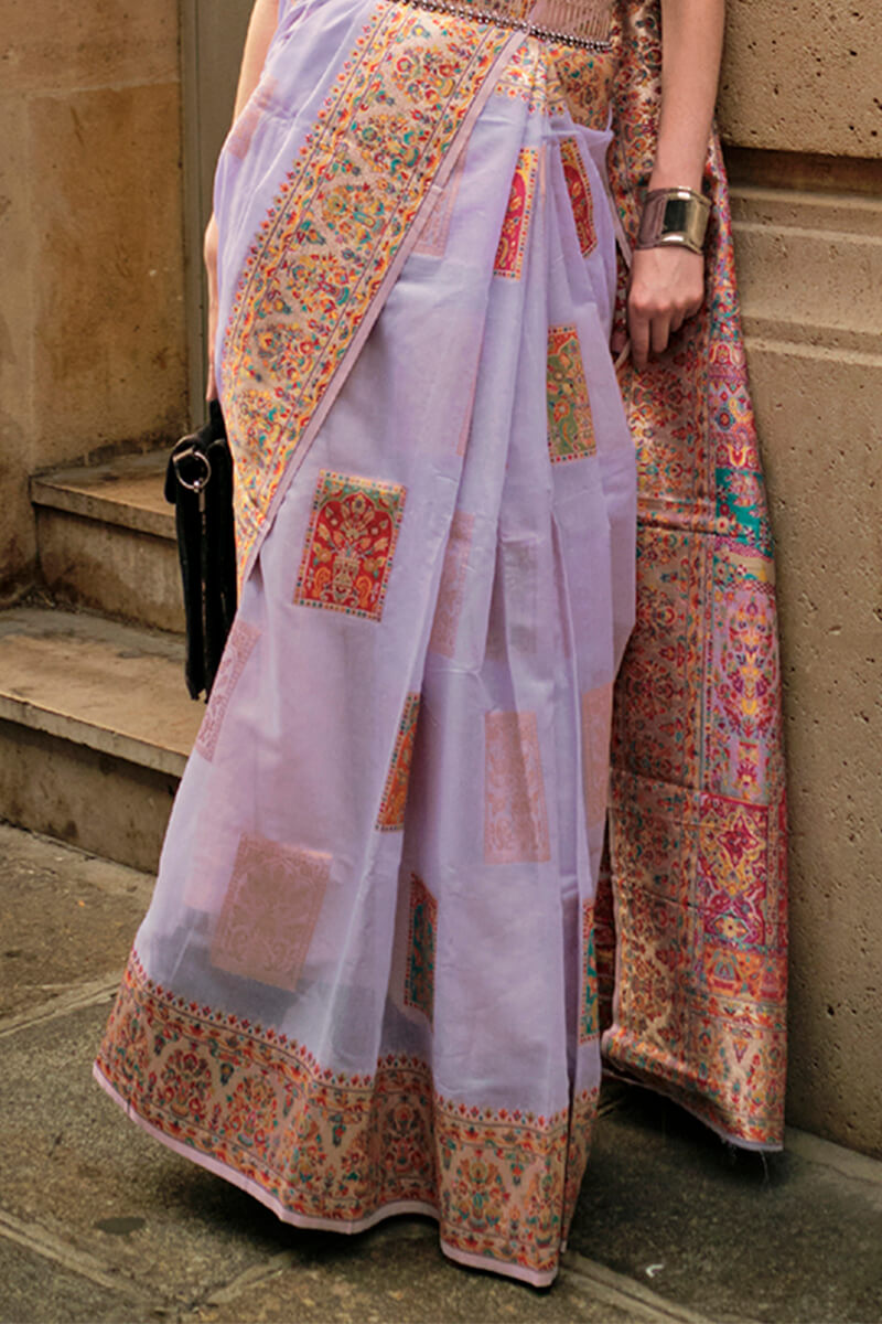 Light Lavender Kashmiri Weaving Pashmina Silk Saree