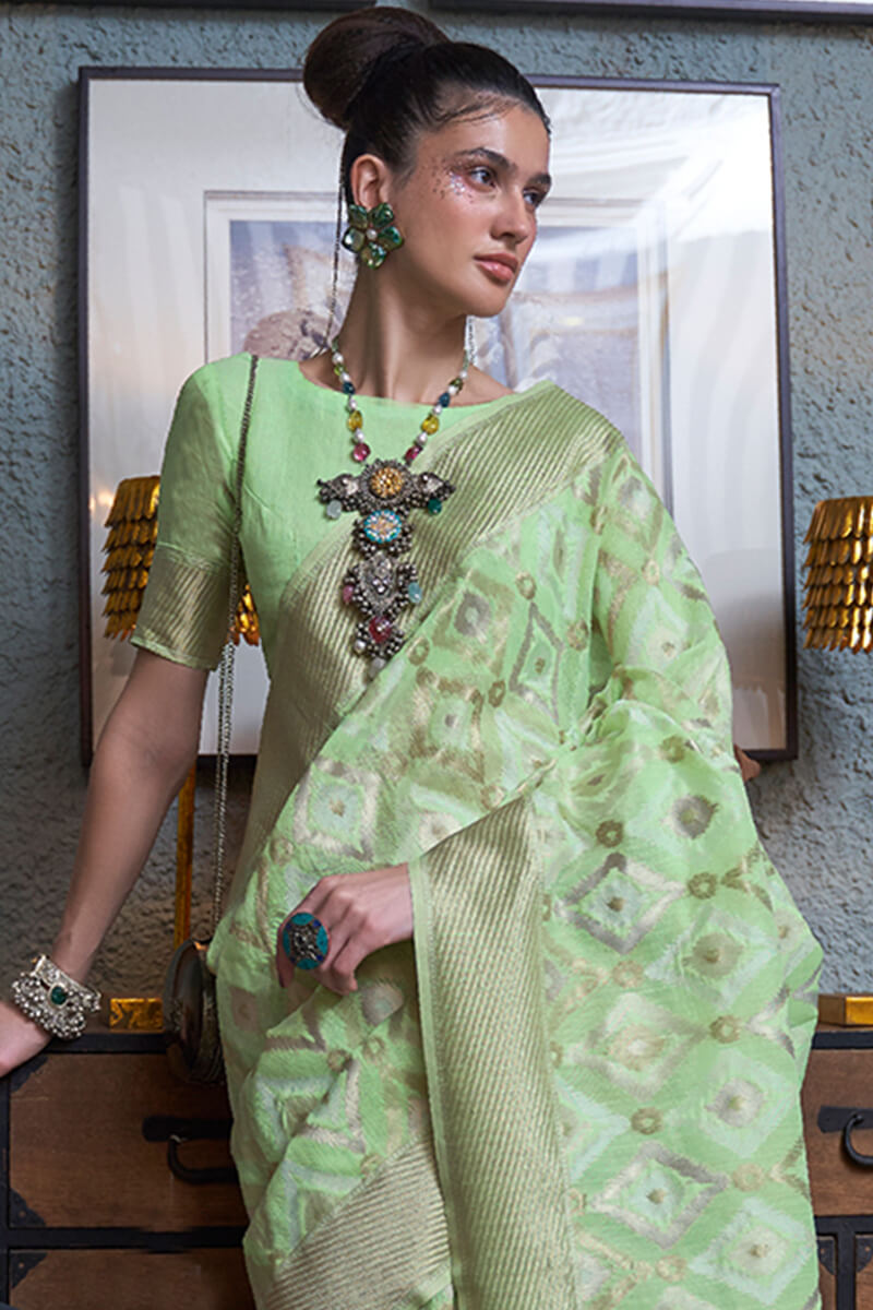 Light Moss Green Zari Woven Linen Silk Saree