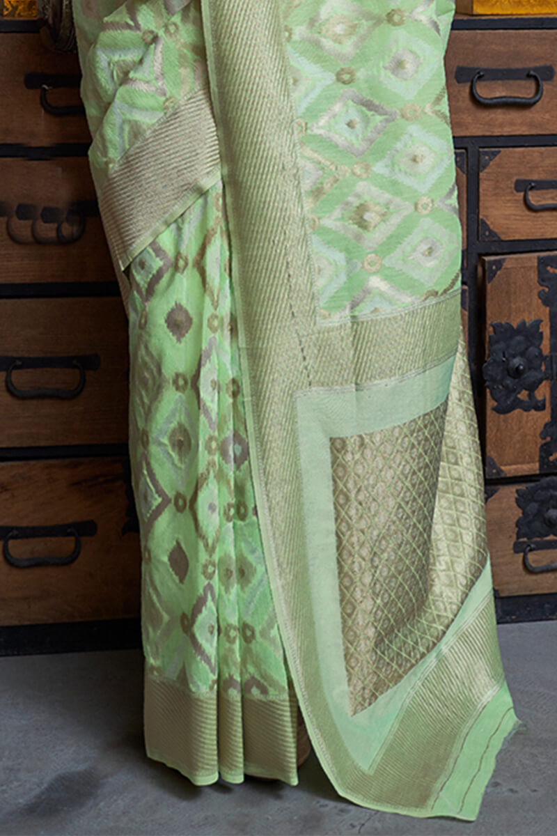 Light Moss Green Zari Woven Linen Silk Saree