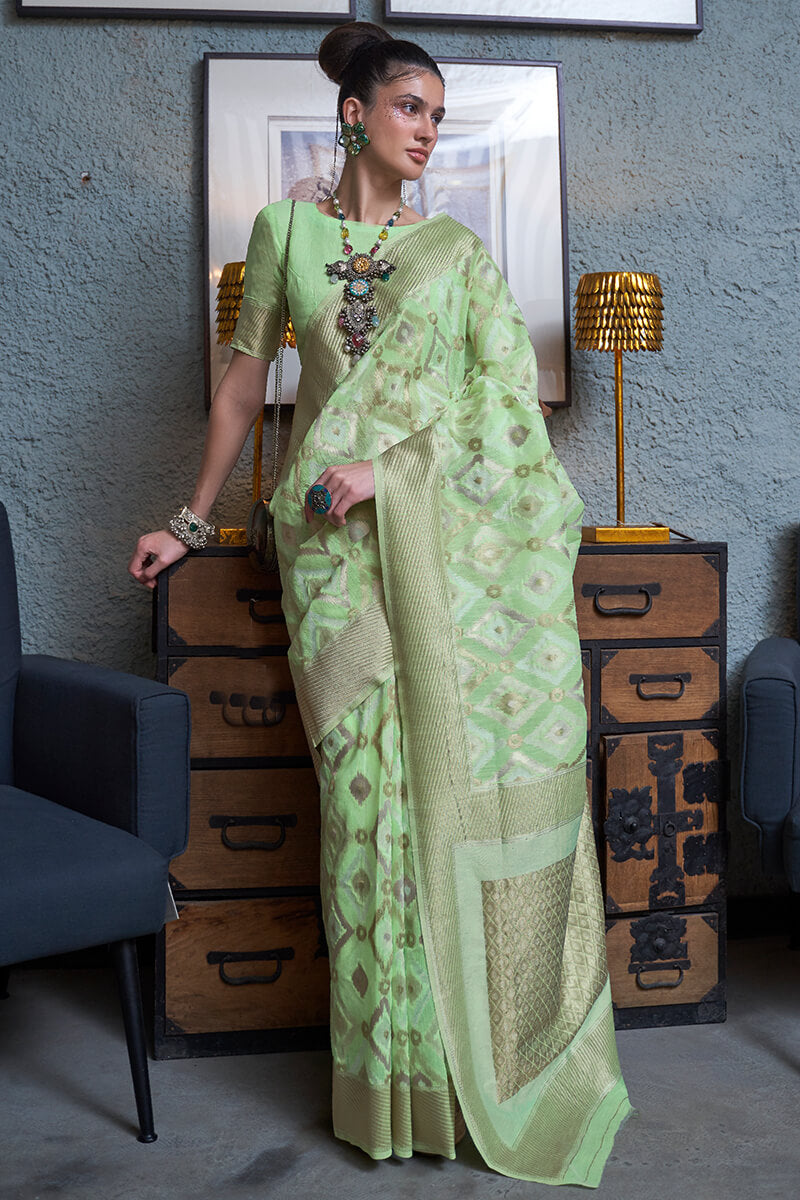 Light Moss Green Zari Woven Linen Silk Saree