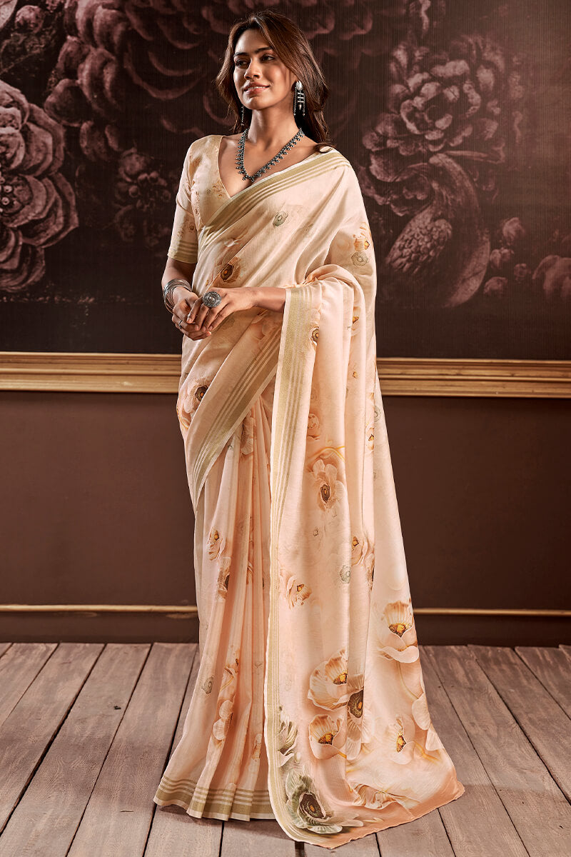 Light Peach Floral Printed Silk Saree