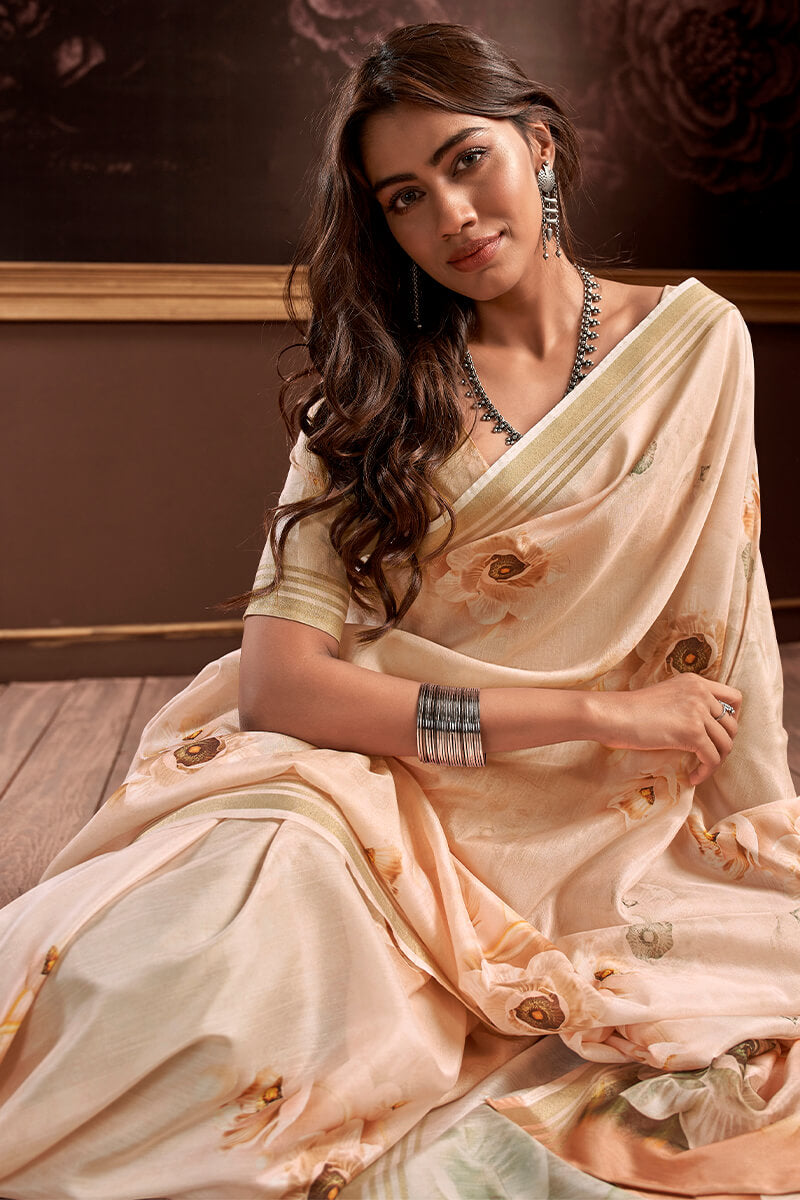 Light Peach Floral Printed Silk Saree