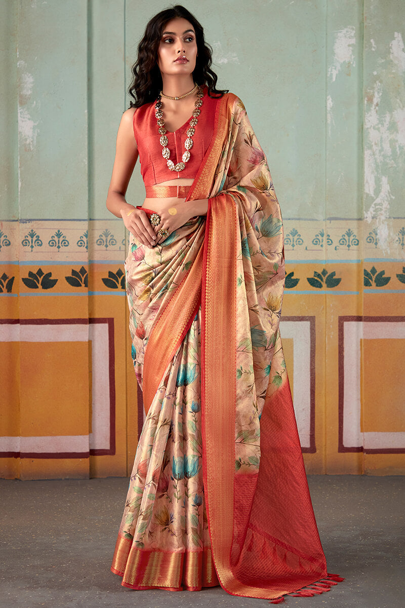 Light Peach Zari Woven Printed Tissue Silk Saree