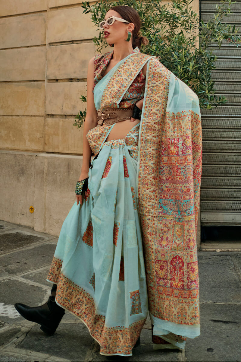 Light Sky Blue Kashmiri Weaving Pashmina Silk Saree