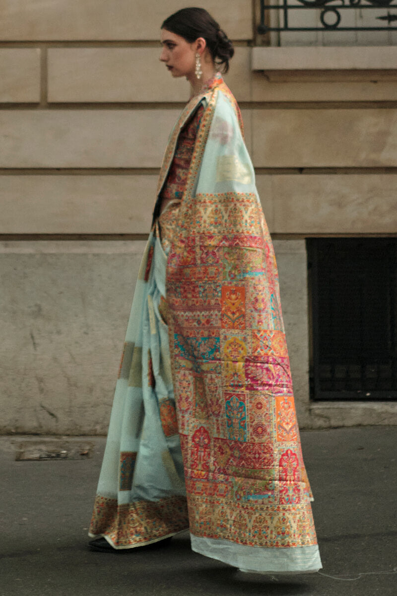 Light Sky Blue Kashmiri Weaving Pashmina Silk Saree