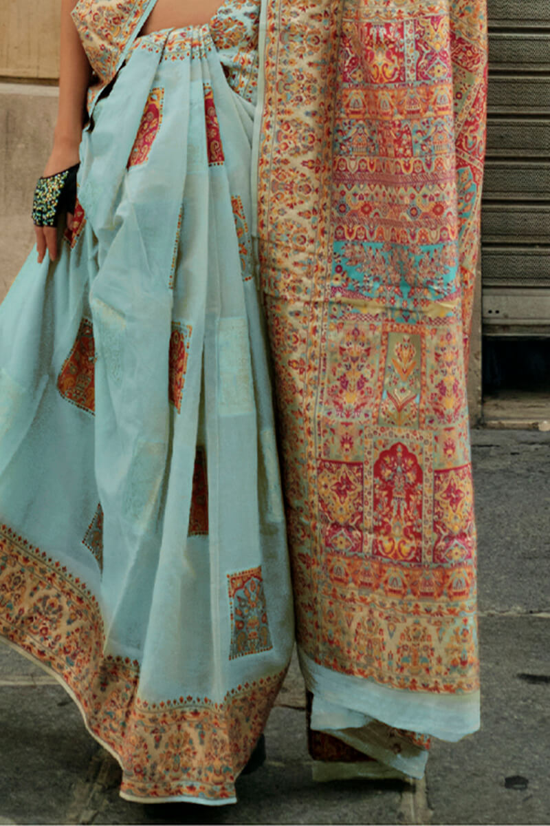 Light Sky Blue Kashmiri Weaving Pashmina Silk Saree