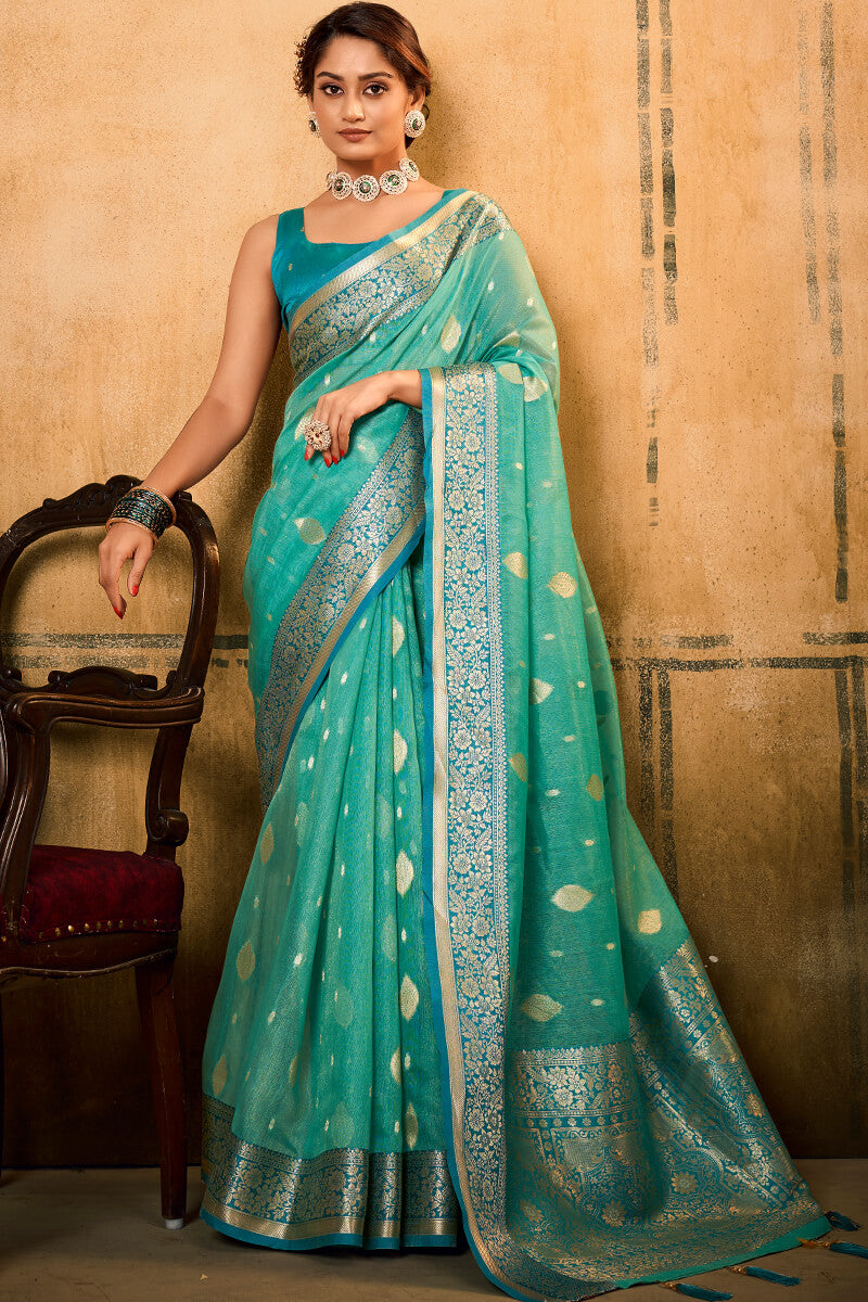 Light Turquoise Banarasi Tissue Silk Saree