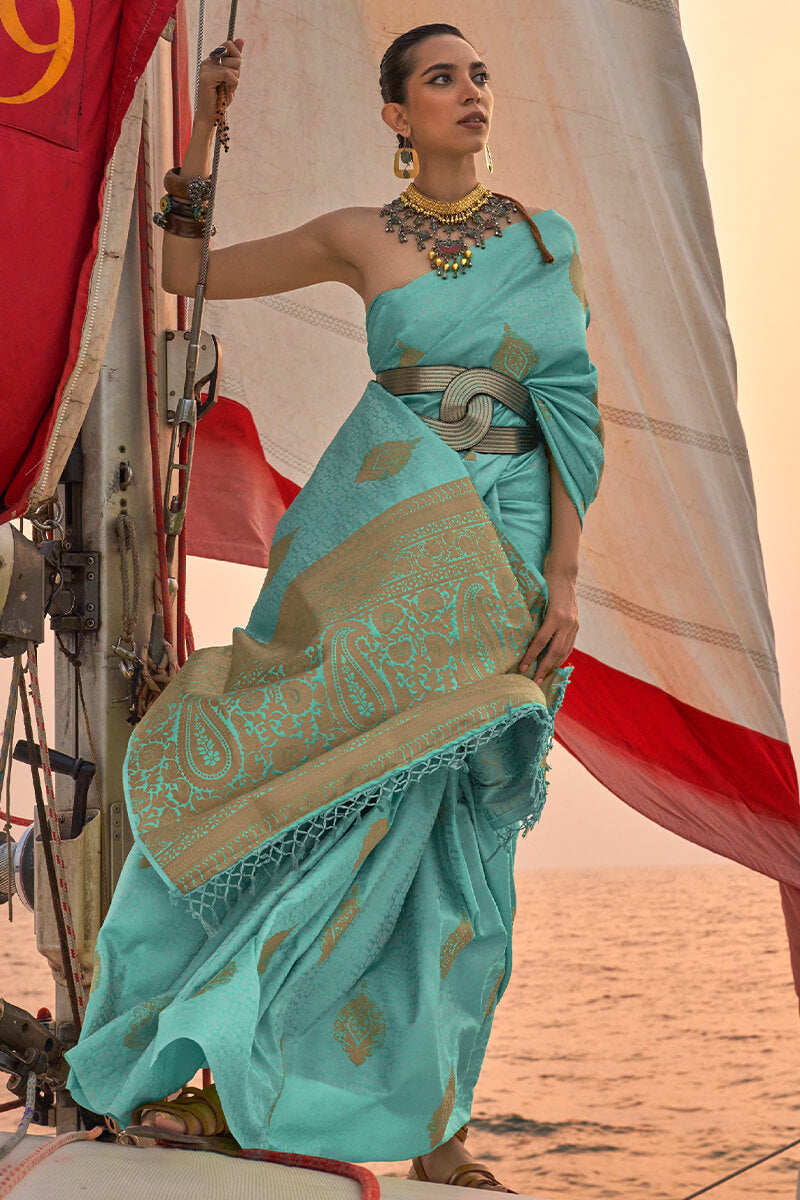 Light Turquoise Satin Dual Tone Silk Saree