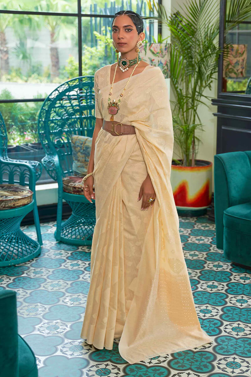 Light Yellow Lucknowi Chickankari Silk Saree