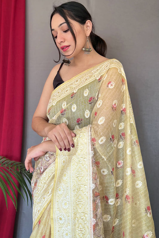 Light Yellow Lucknowi Cotton Silk Saree