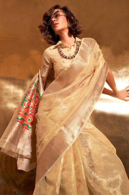 Light Yellow Paithani Tissue Silk Saree