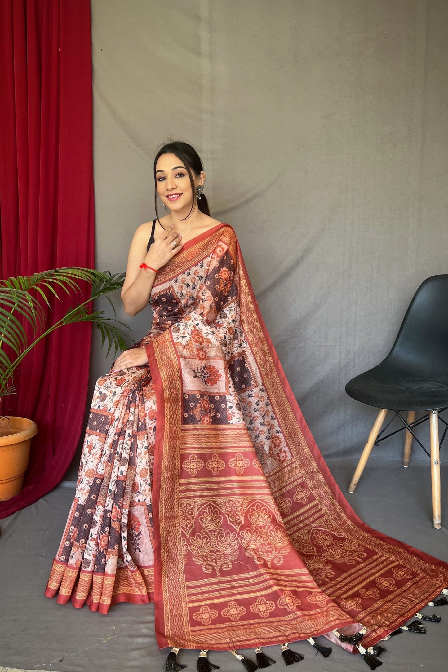 Light Brown Kashmiri Digital Printed Cotton Saree