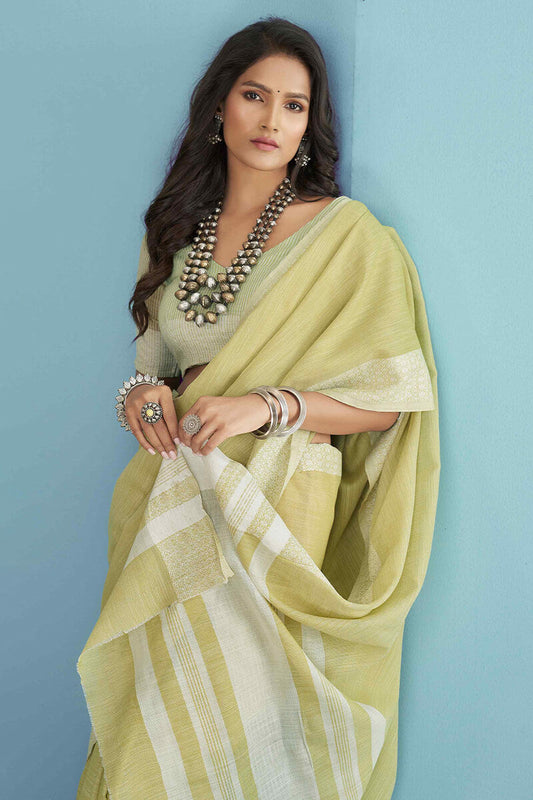 Lime Yellow Linen Silk Saree