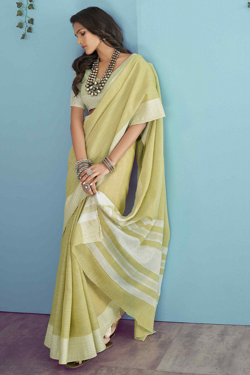 Lime Yellow Linen Silk Saree