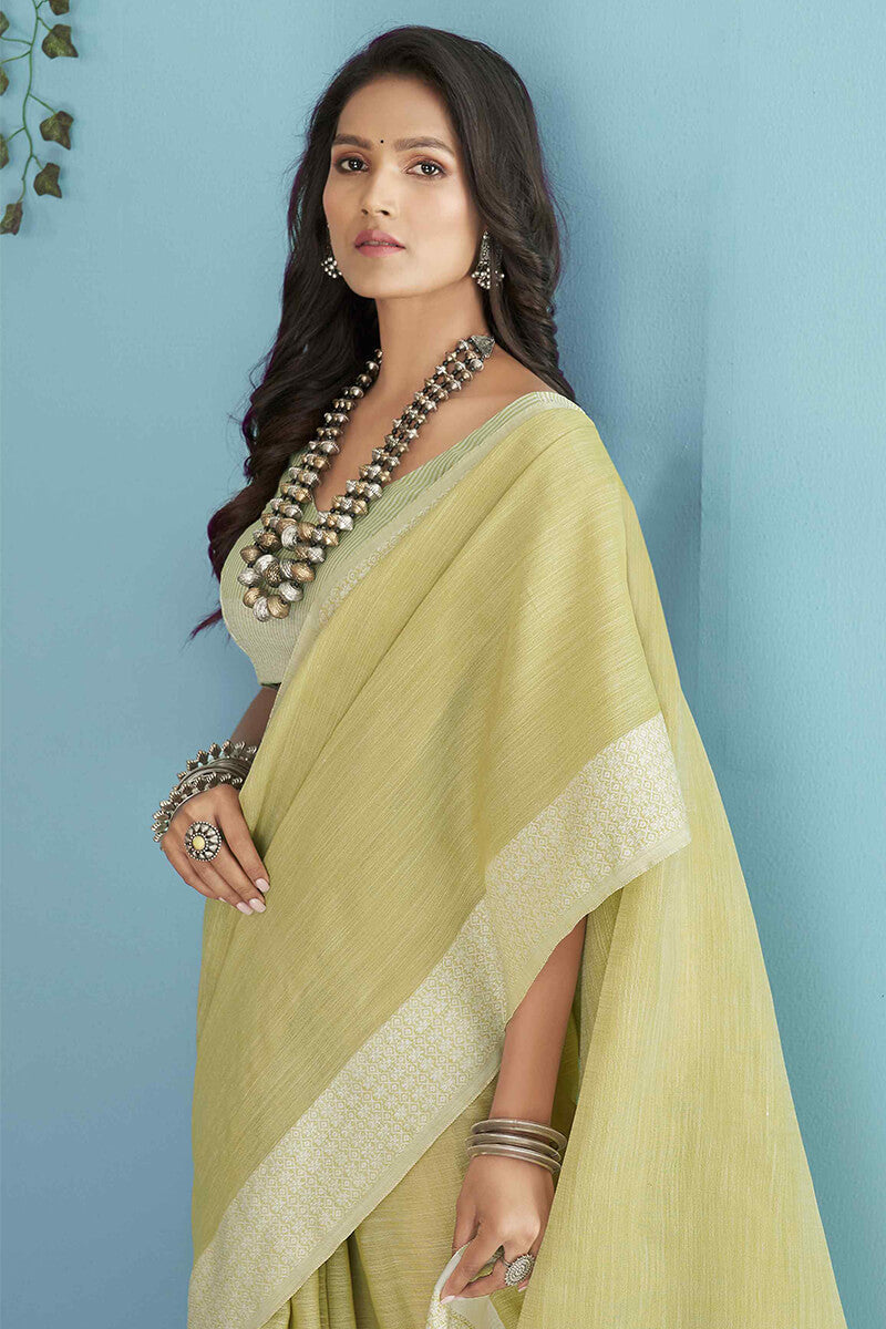 Lime Yellow Linen Silk Saree