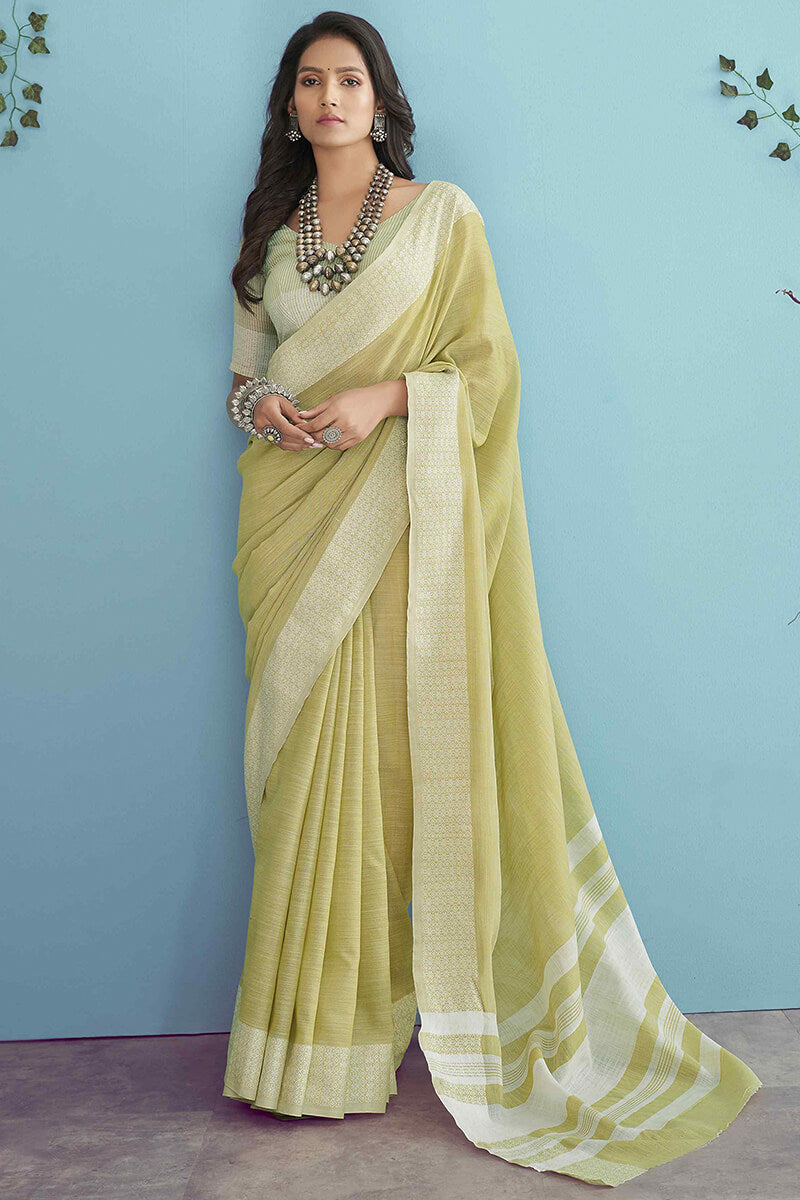 Lime Yellow Linen Silk Saree