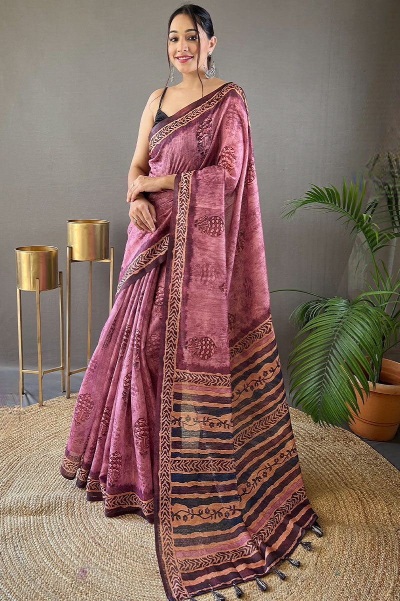 Lipstick Pink Printed Tussar Silk Saree