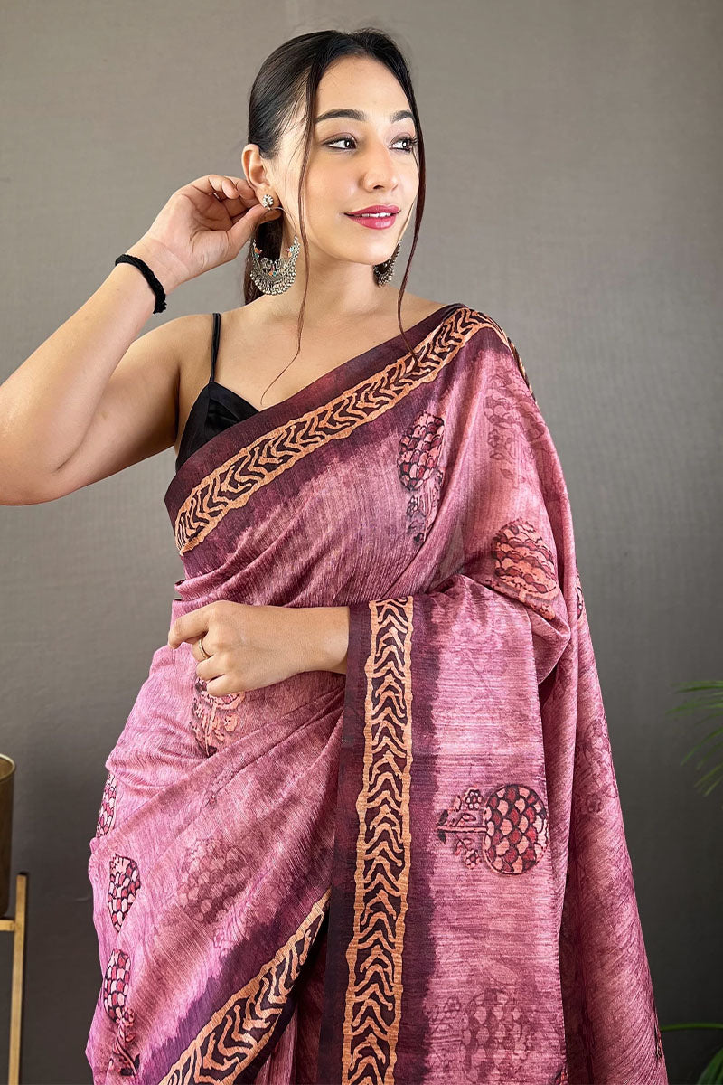 Lipstick Pink Printed Tussar Silk Saree