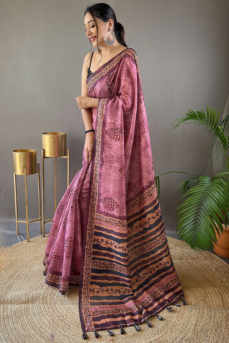 Lipstick Pink Printed Tussar Silk Saree