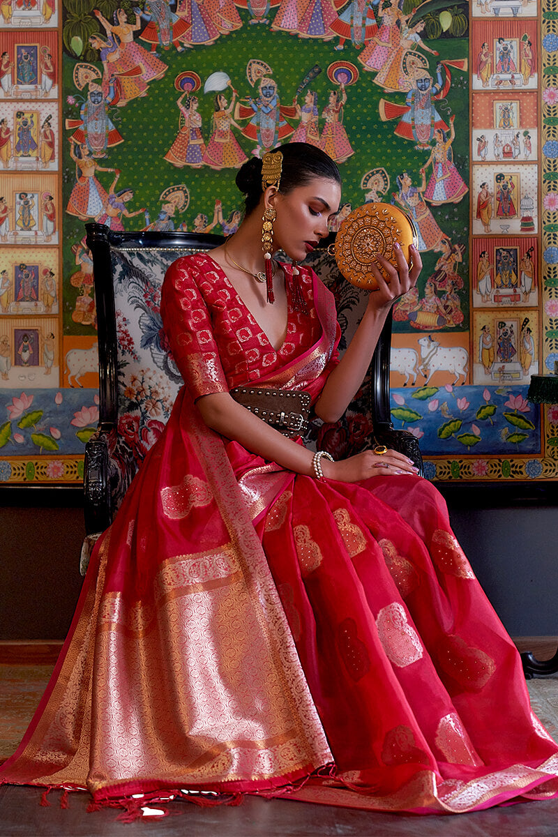 Lipstick Red Zari Woven Organza Silk Saree