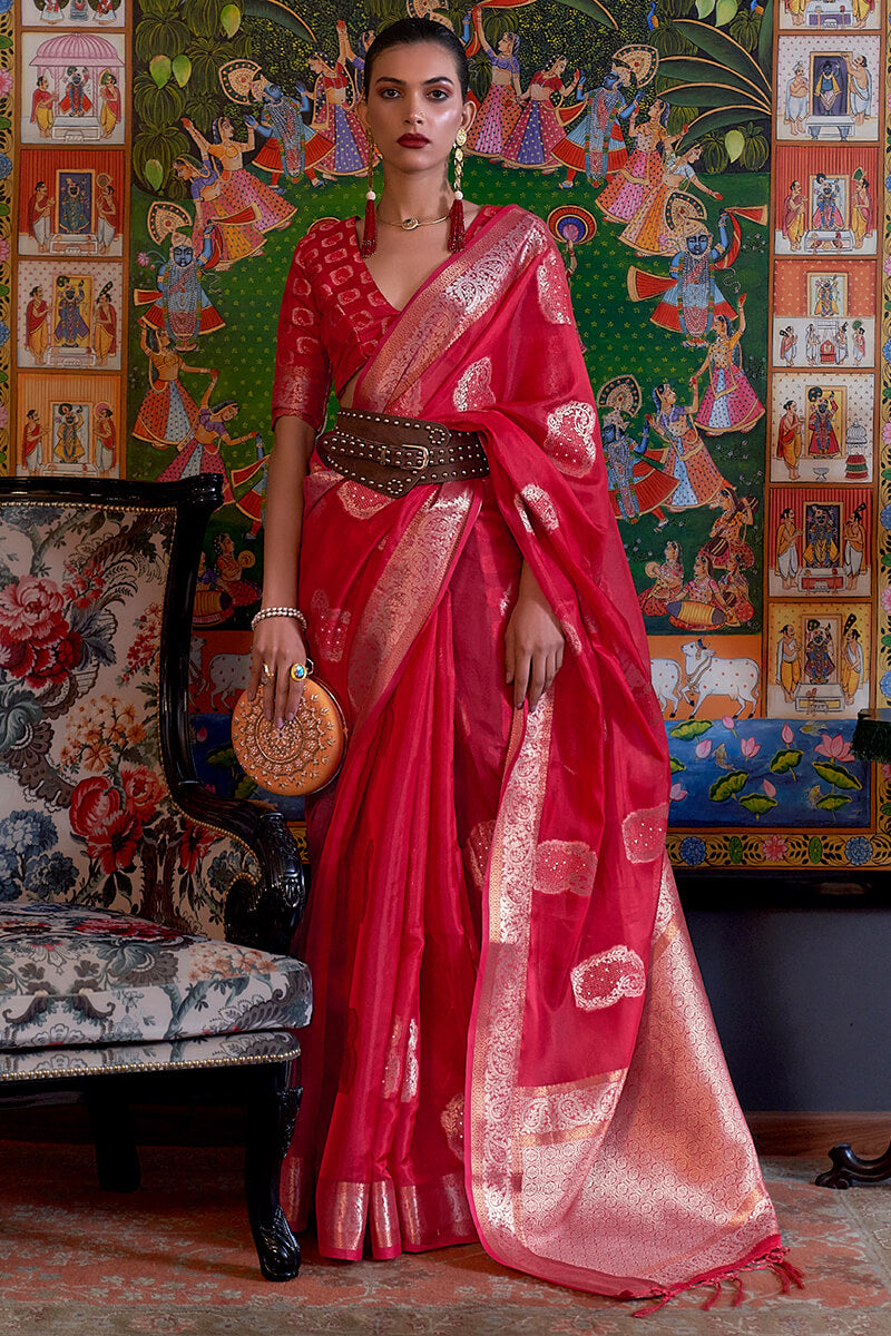 Lipstick Red Zari Woven Organza Silk Saree