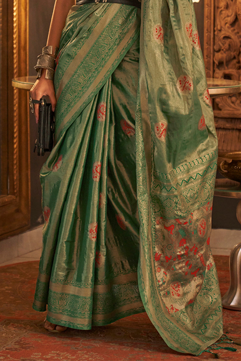 Lunar Green Zari Woven Handloom Banarasi Silk Saree