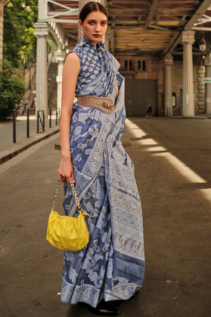 Marble Blue Lucknowi Chikankari Saree