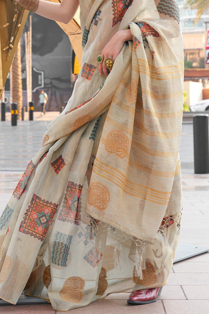 Martini Grey Zari Woven Printed Tissue Silk Saree