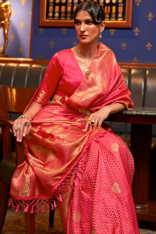 Mauvelous Pink Zari Woven Satin Silk Saree