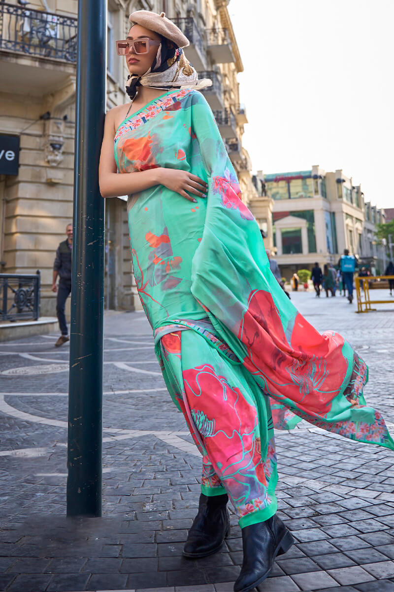 Medium Turquoise Digital Printed Satin Silk Saree