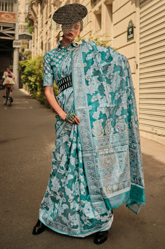 Medium Turquoise Lucknowi Chikankari Saree