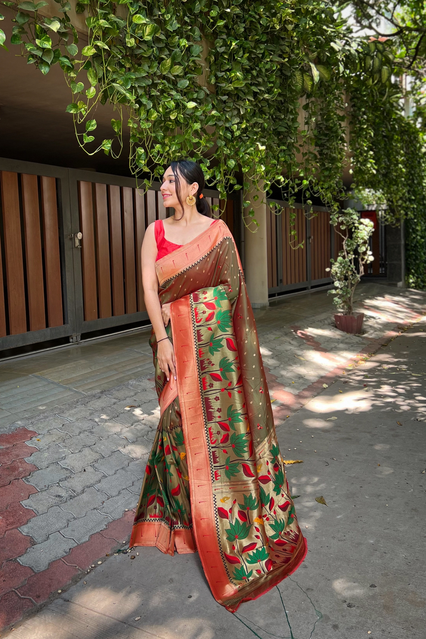 Mehndi Paithani Silk Saree with Zari Work