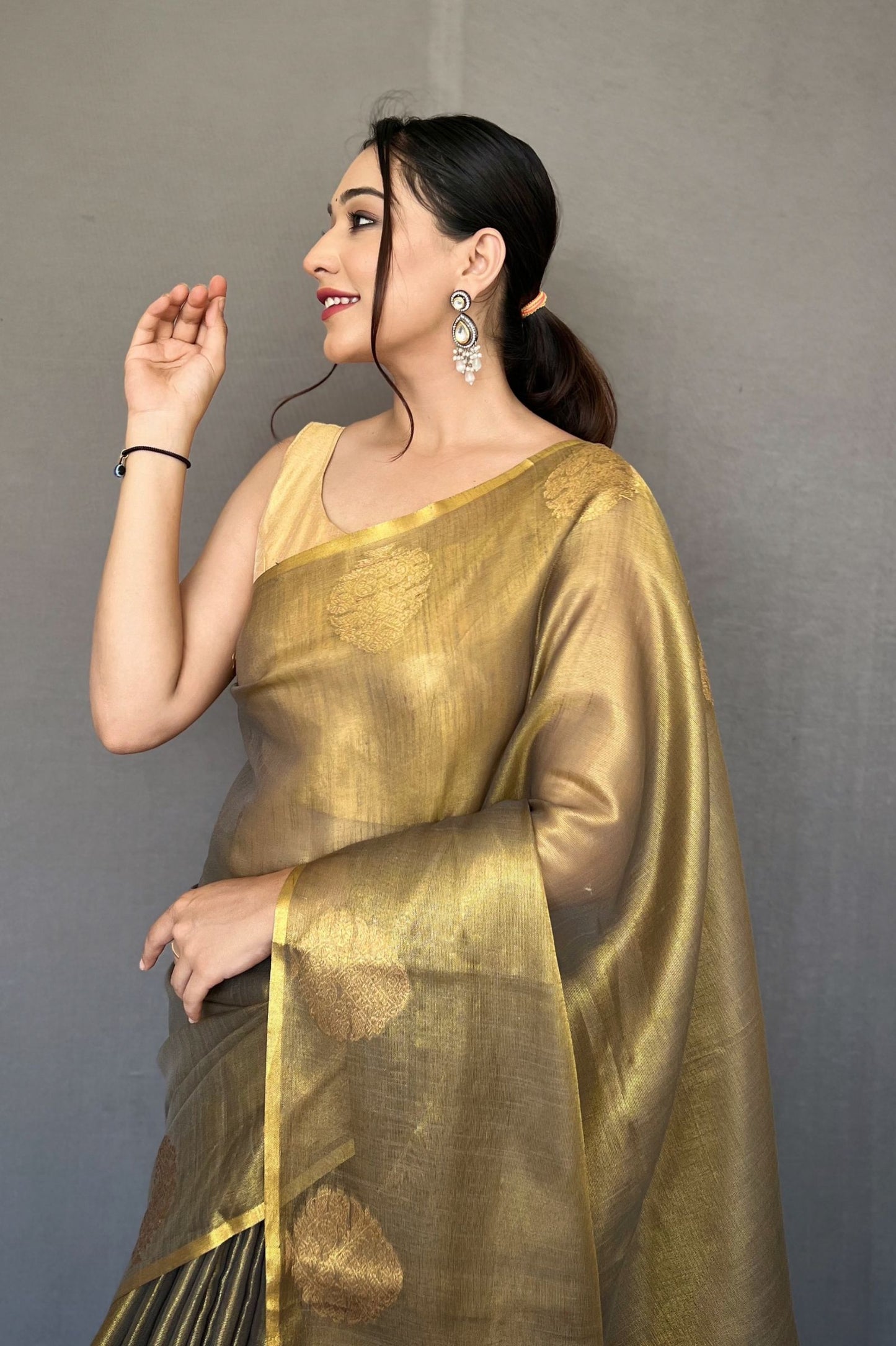 Mehndi Jacquard Woven Tissue Silk Saree