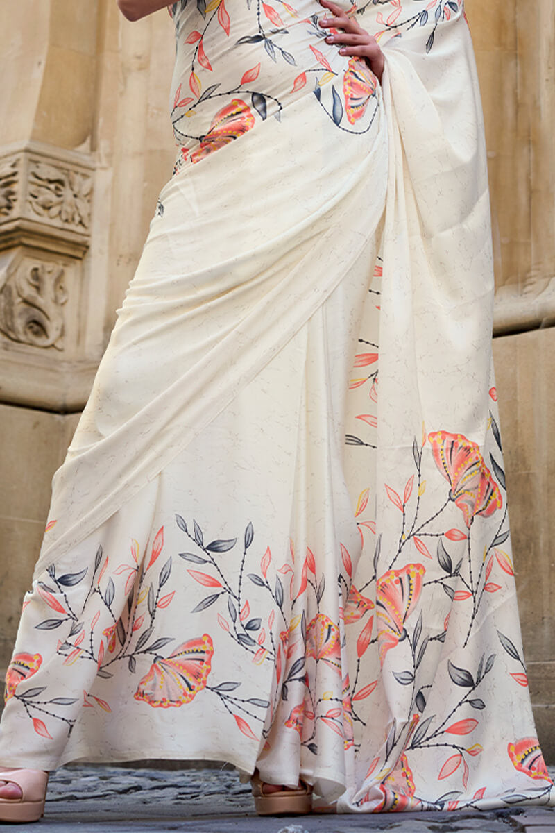 Mercury Beige Printed Satin Silk Saree