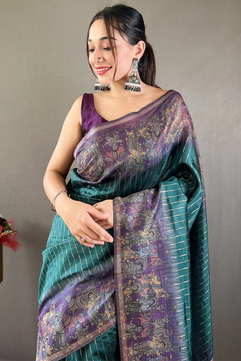 Metallic Blue Printed Chanderi silk saree